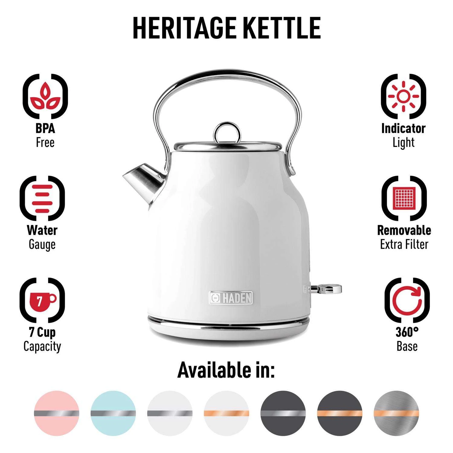 Haden Heritage Ivory Traditional Stainless Steel 1.7 L Electric Tea Kettle 5 Haden Heritage Ivory Traditional Stainless Steel 1.7 L Electric Tea Kettle - Image 3