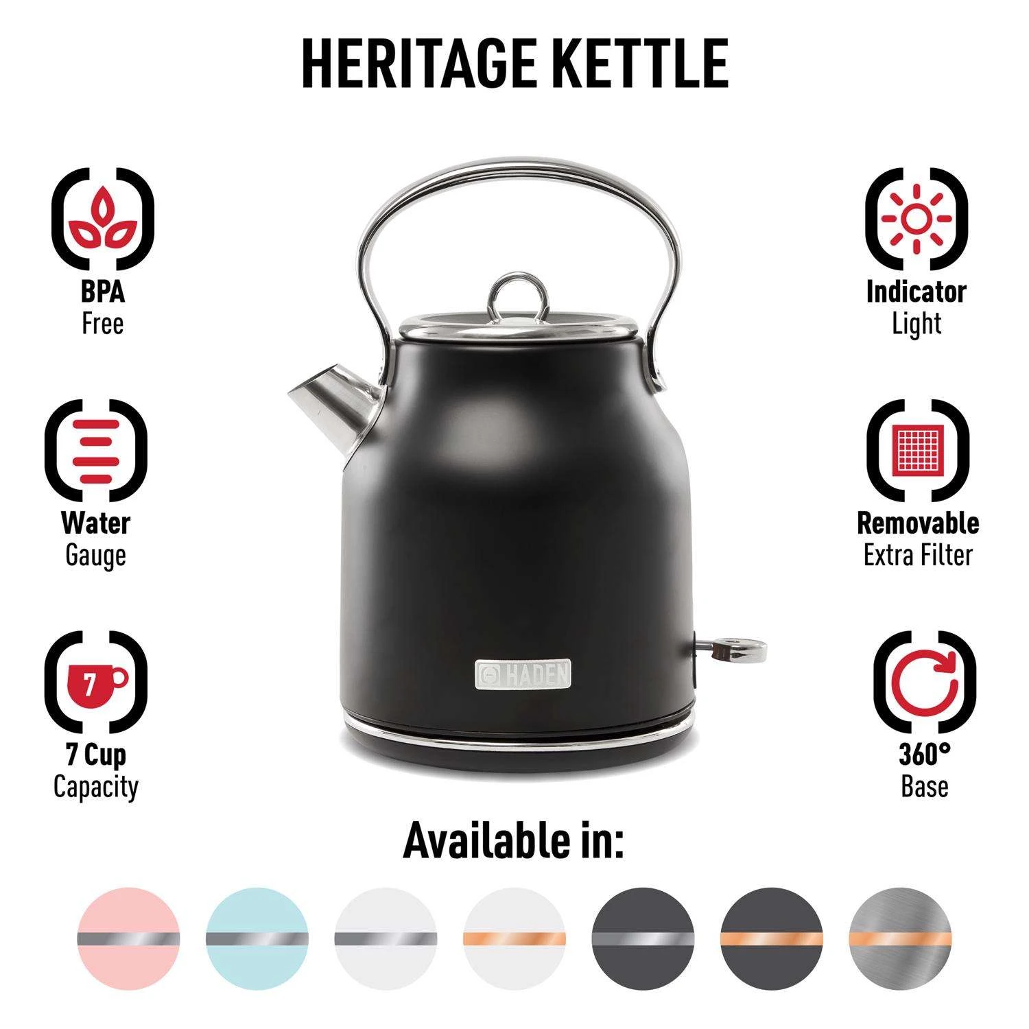 Haden Heritage Black Retro Stainless Steel 1.7 L Electric Tea Kettle 5 Haden Heritage Black Retro Stainless Steel 1.7 L Electric Tea Kettle - Image 3