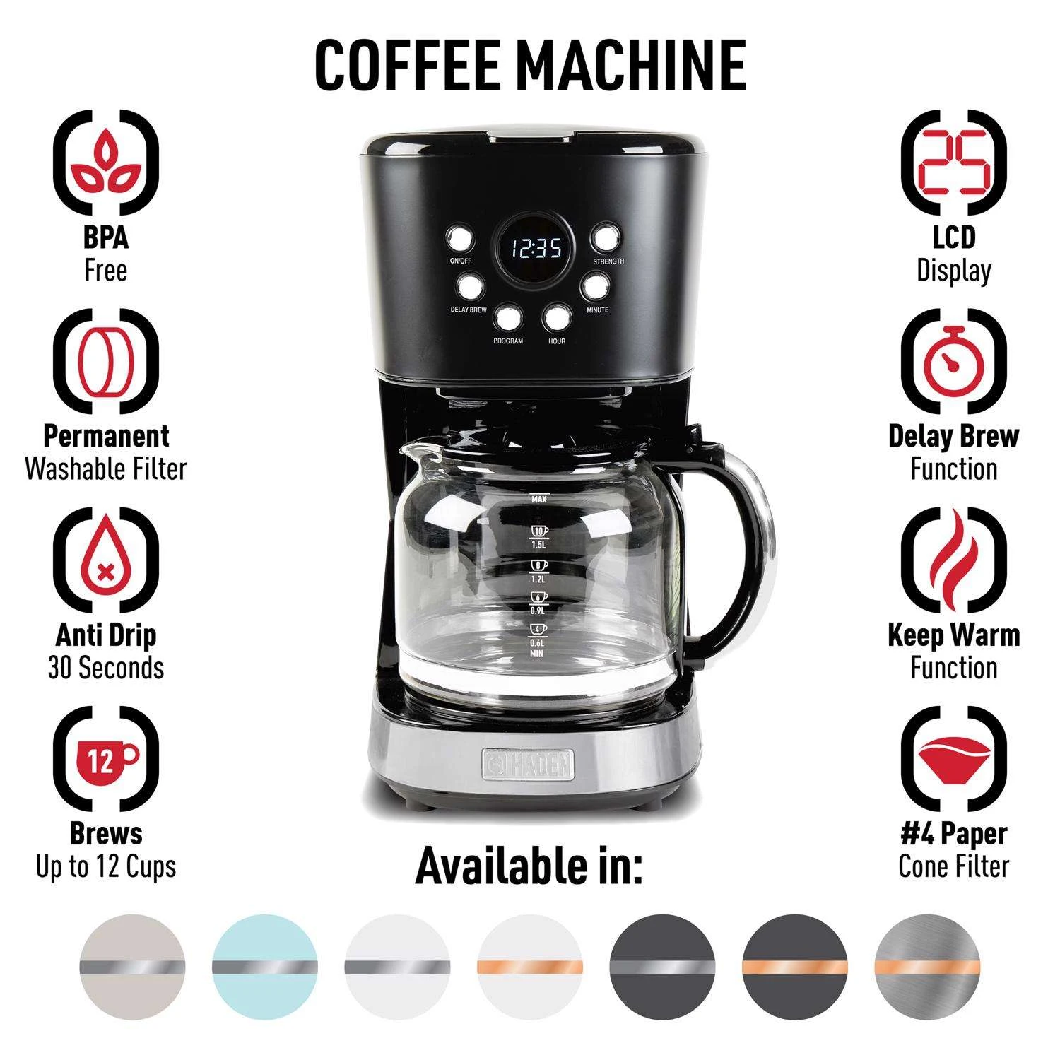 Haden 12 Cups Black Coffee Maker 5 Haden 12 Cups Black Coffee Maker - Image 3