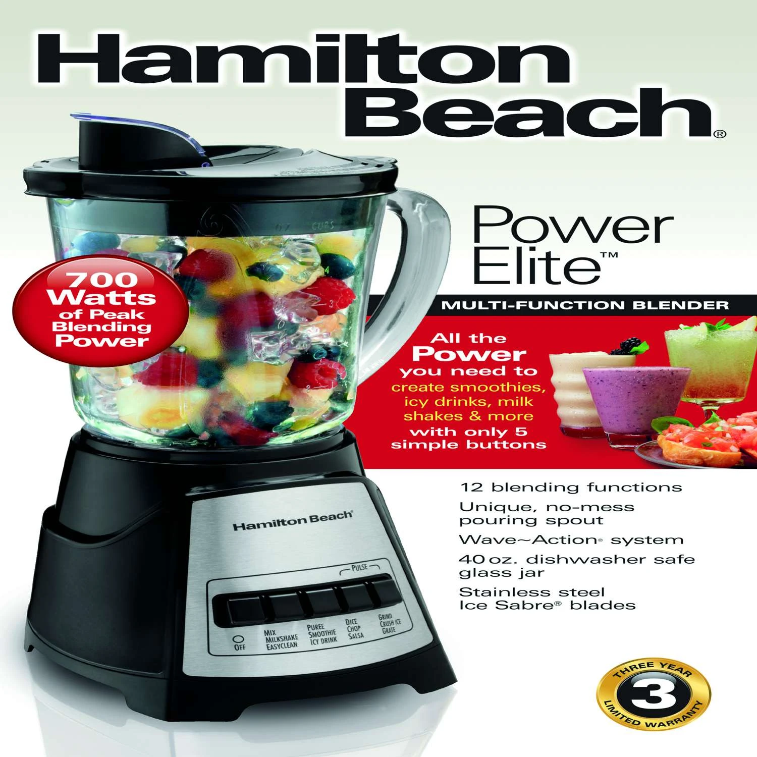 Hamilton Beach Power Elite Blender 40 Oz. 12 Stainless Steel 700 Watts 5 Hamilton Beach Power Elite Blender 40 Oz. 12 Stainless Steel 700 Watts - Image 3